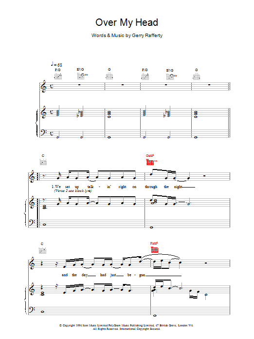 Gerry Rafferty Over My Head Sheet Music Notes & Chords for Piano, Vocal & Guitar (Right-Hand Melody) - Download or Print PDF