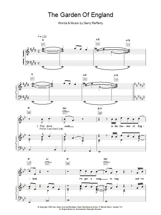 Gerry Rafferty The Garden Of England Sheet Music Notes & Chords for Piano, Vocal & Guitar (Right-Hand Melody) - Download or Print PDF