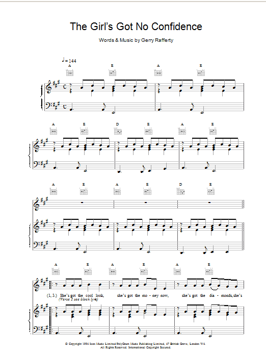 Gerry Rafferty The Girl's Got No Confidence Sheet Music Notes & Chords for Piano, Vocal & Guitar (Right-Hand Melody) - Download or Print PDF