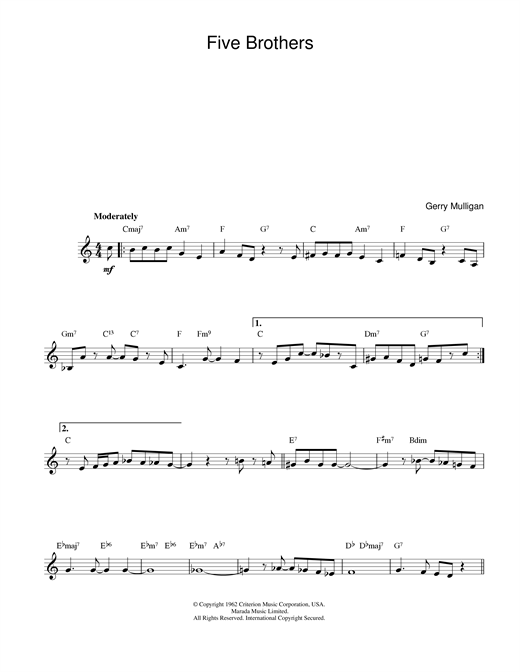 Preview Gerry Mulligan Five Brothers Jazz sheet music, notes and chords for Melody Line & Chords, SKU: 14039 Five Brothers sheet music