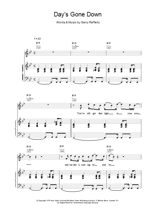 Preview Gerry Rafferty Day's Gone Down Rock sheet music, notes and chords for Piano, Vocal & Guitar (Right-Hand Melody), SKU: 15683 Day's Gone Down sheet music