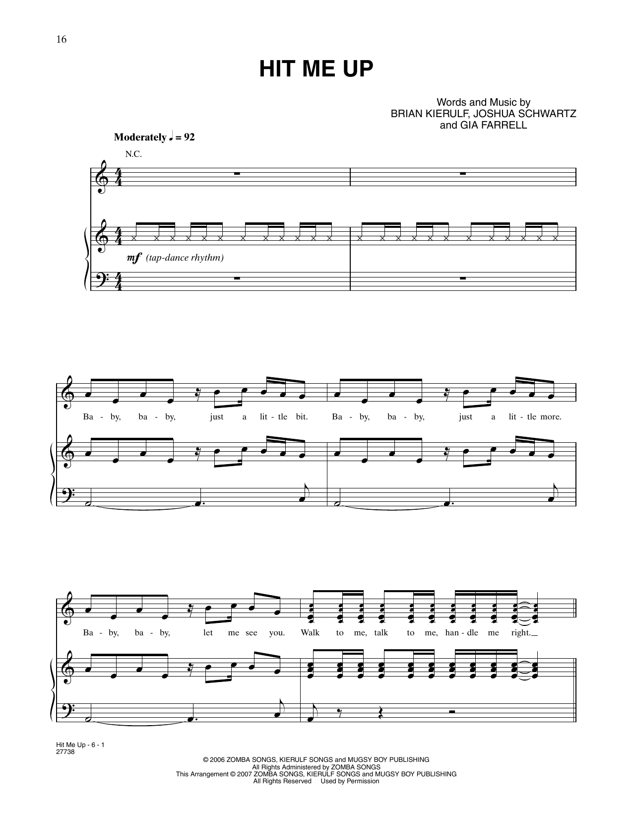 Gia Farrell Hit Me Up (from Happy Feet) Sheet Music Notes & Chords for Piano, Vocal & Guitar Chords (Right-Hand Melody) - Download or Print PDF