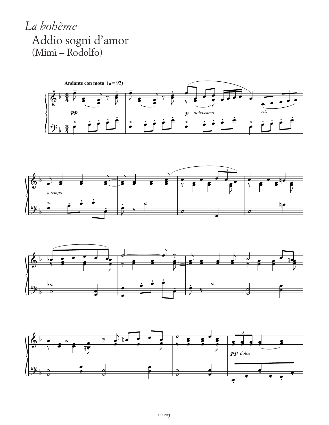 Giacomo Puccini Addio, sogni d'amor! (from La Bohème) Sheet Music Notes & Chords for Piano Solo - Download or Print PDF