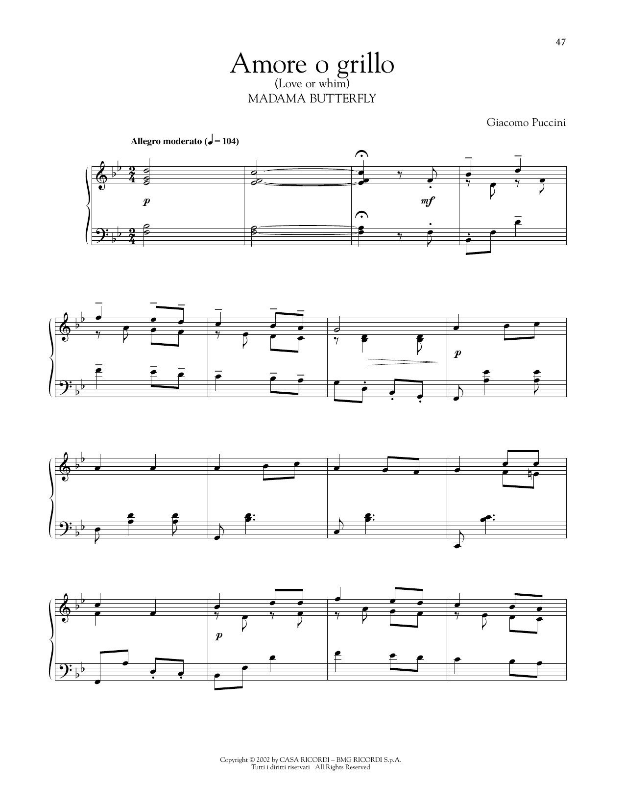 Giacomo Puccini Amore o grillo Sheet Music Notes & Chords for Piano Solo - Download or Print PDF