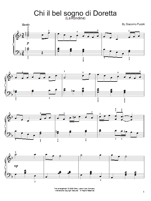 Giacomo Puccini Canzone di Doretta Sheet Music Notes & Chords for Piano Solo - Download or Print PDF