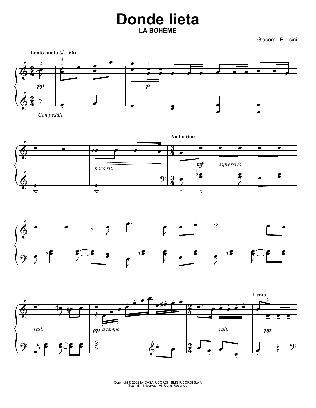Giacomo Puccini Donde Lieta Sheet Music Notes & Chords for Easy Piano Solo - Download or Print PDF
