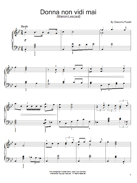 Giacomo Puccini Donna Non Vidi Mai Sheet Music Notes & Chords for Easy Piano Solo - Download or Print PDF