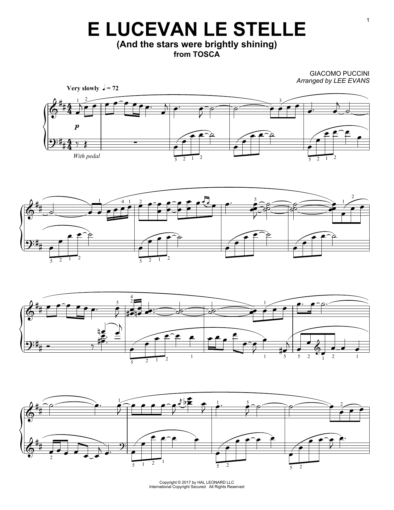 Lee Evans E lucevan le stelle from Tosca (Puccini) Sheet Music Notes & Chords for Piano - Download or Print PDF