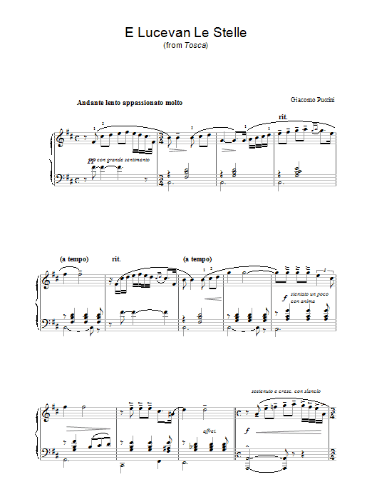 Giacomo Puccini E Lucevan Le Stelle (from Tosca) Sheet Music Notes & Chords for Piano - Download or Print PDF