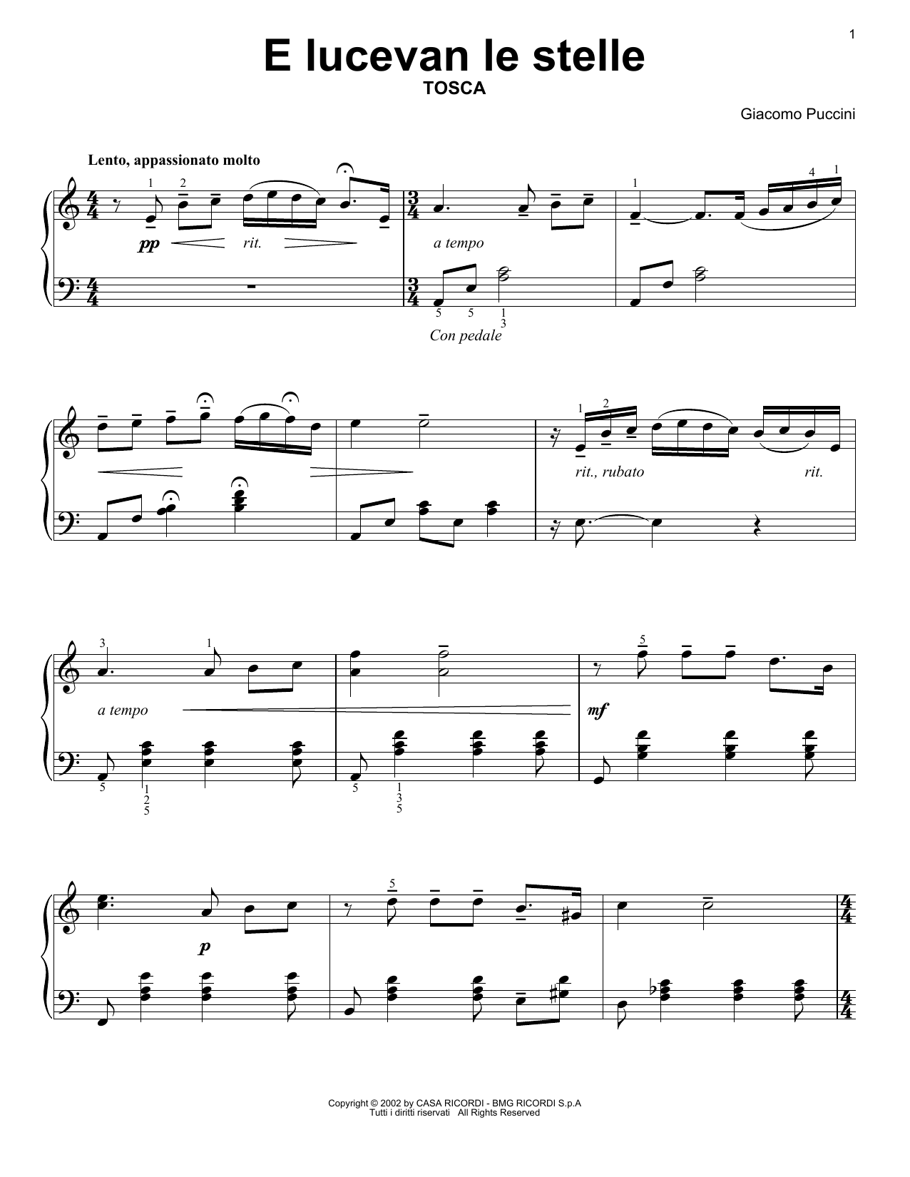 Giacomo Puccini E Lucevan Le Stelle Sheet Music Notes & Chords for Easy Piano Solo - Download or Print PDF