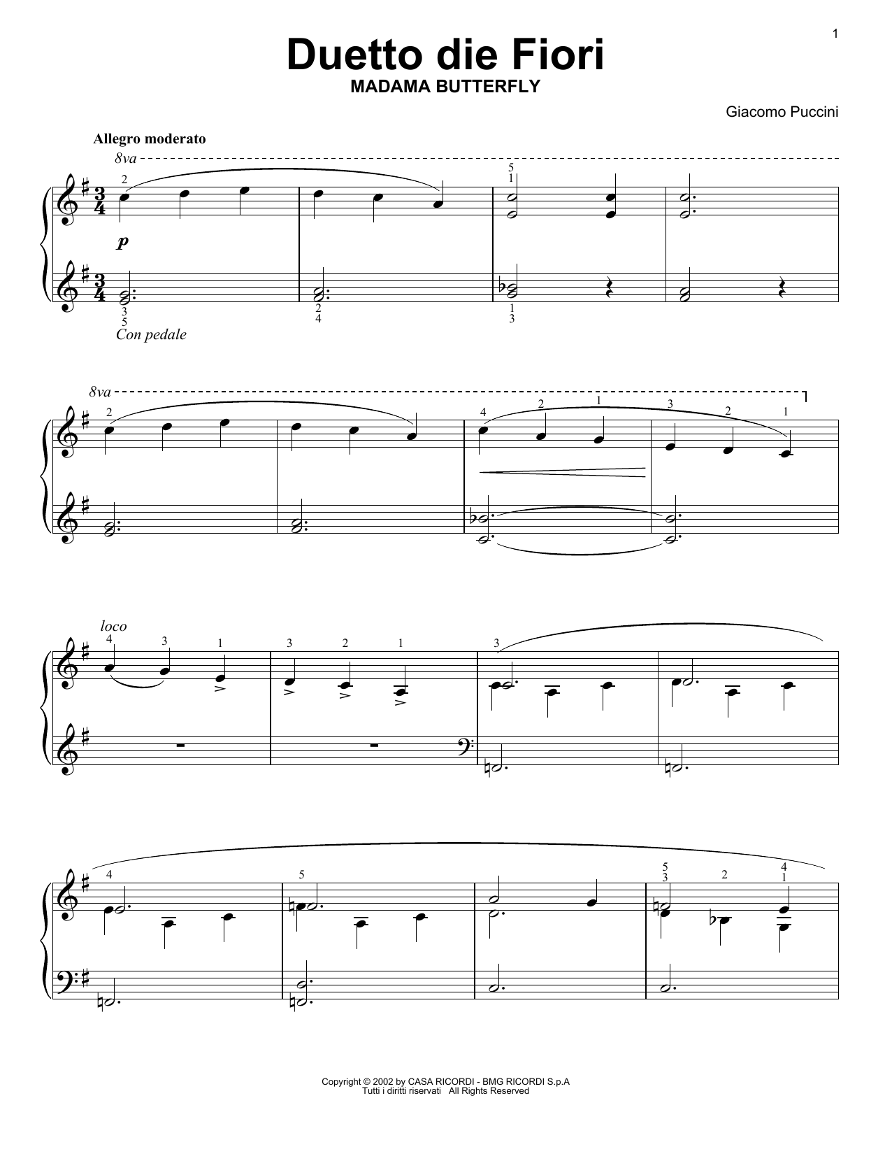 Giacomo Puccini Flower Duet Sheet Music Notes & Chords for Piano Solo - Download or Print PDF
