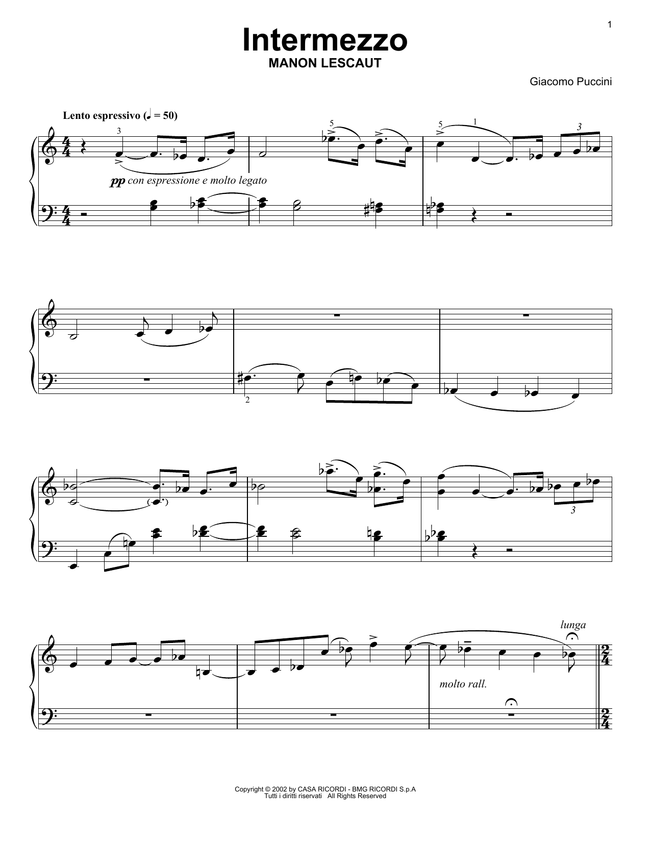 Giacomo Puccini Intermezzo Sheet Music Notes & Chords for Piano Solo - Download or Print PDF