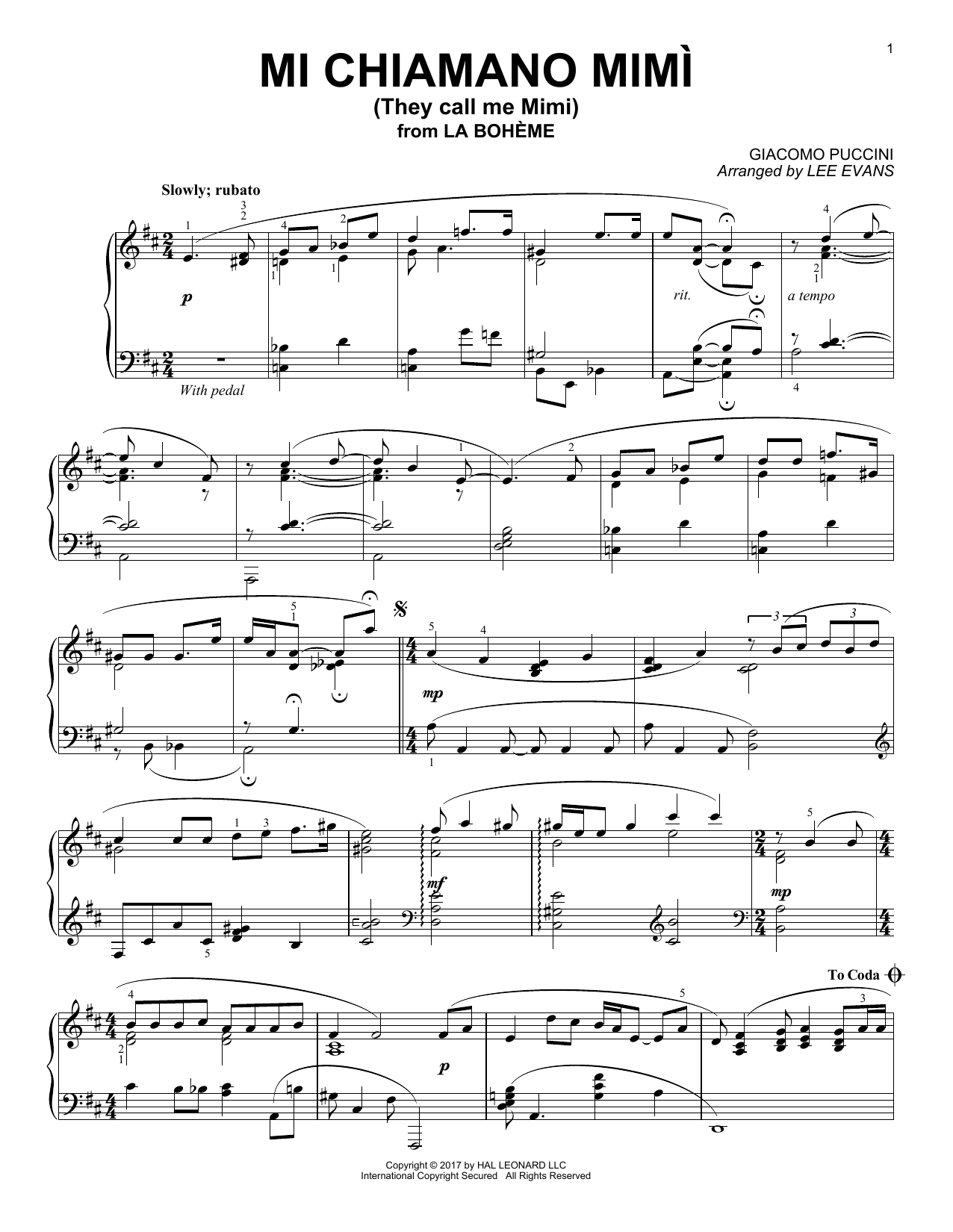 Lee Evans Me Chiamano Mimi Sheet Music Notes & Chords for Piano - Download or Print PDF