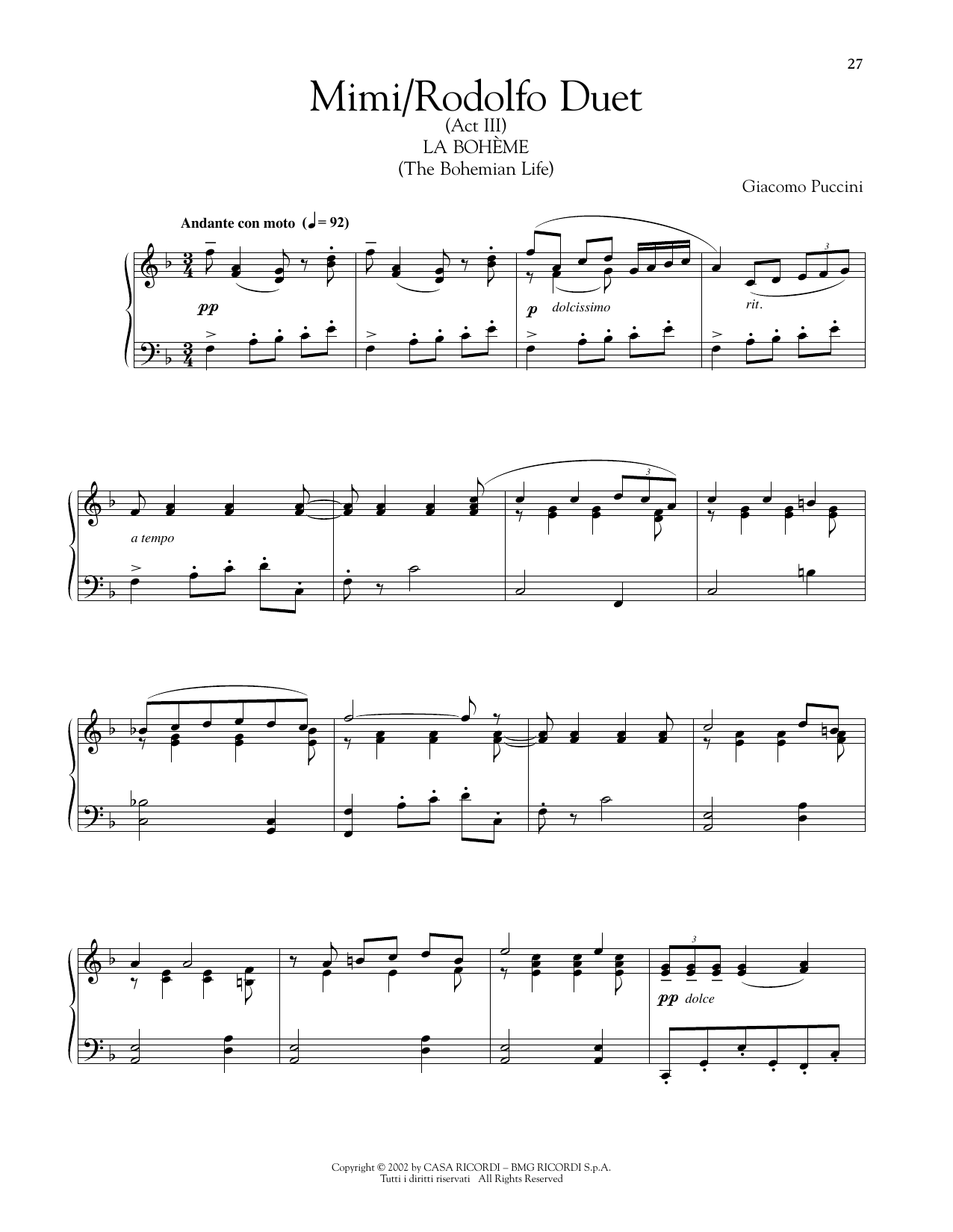 Giacomo Puccini Mimi/Rodolfo Duet Sheet Music Notes & Chords for Piano Solo - Download or Print PDF