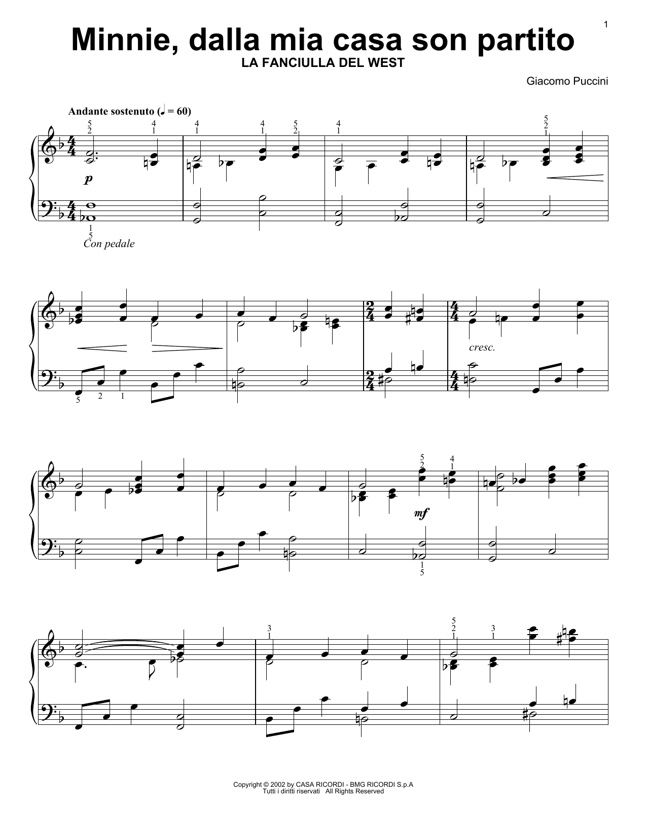 Giacomo Puccini Minnie, Dalla Mia Casa Son Partito Sheet Music Notes & Chords for Easy Piano Solo - Download or Print PDF