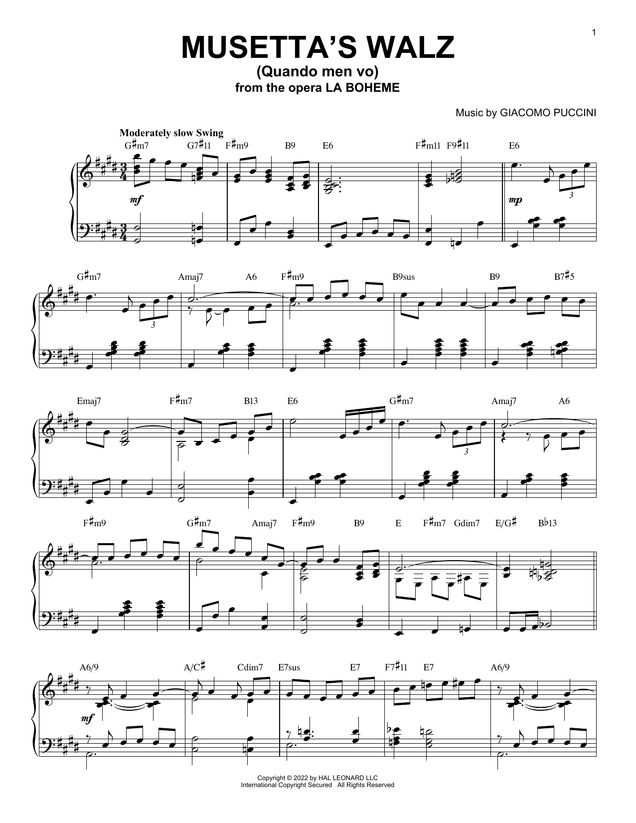 Giacomo Puccini Musetta's Waltz (Quando Men Vo) [Jazz version] (arr. Brent Edstrom) Sheet Music Notes & Chords for Piano Solo - Download or Print PDF