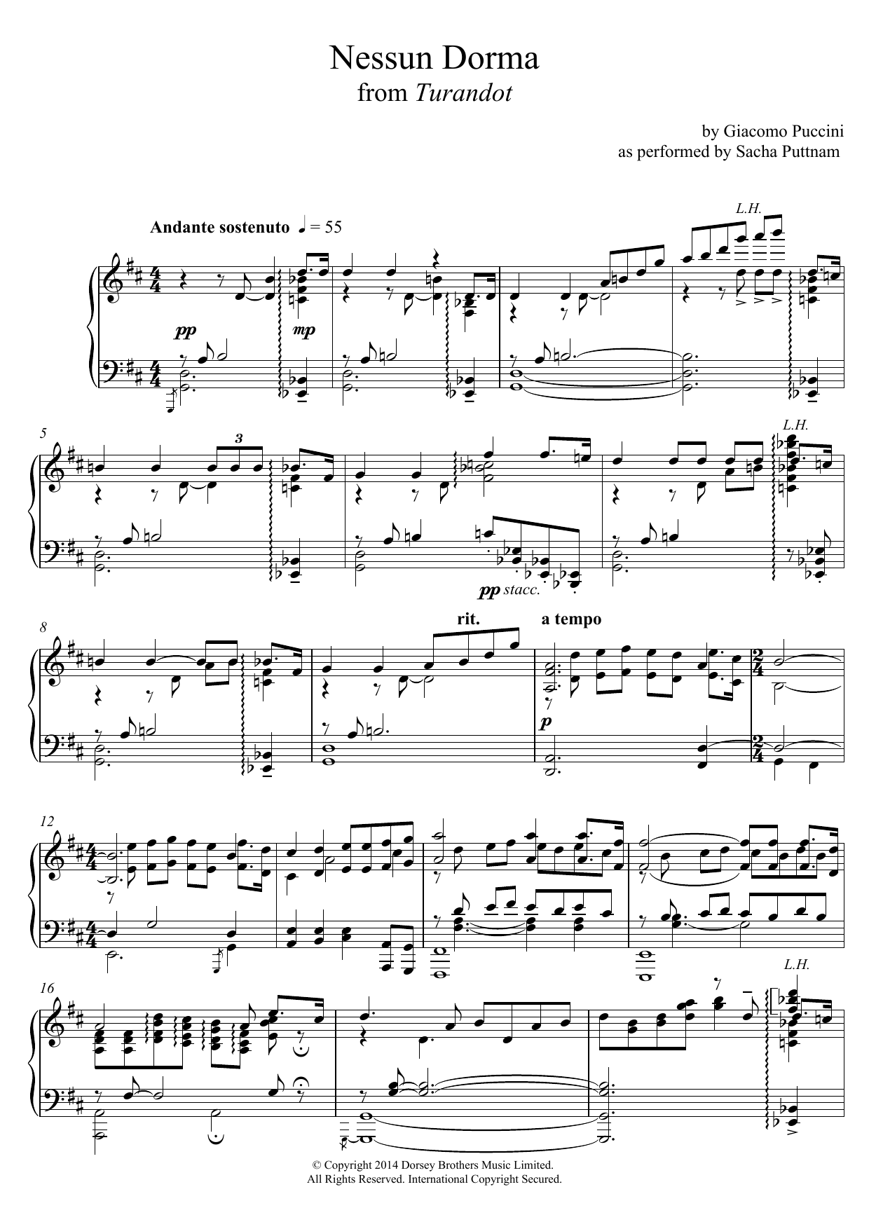 Giacomo Puccini Nessun Dorma (from Turandot) (as performed by Sacha Puttnam) Sheet Music Notes & Chords for Piano - Download or Print PDF