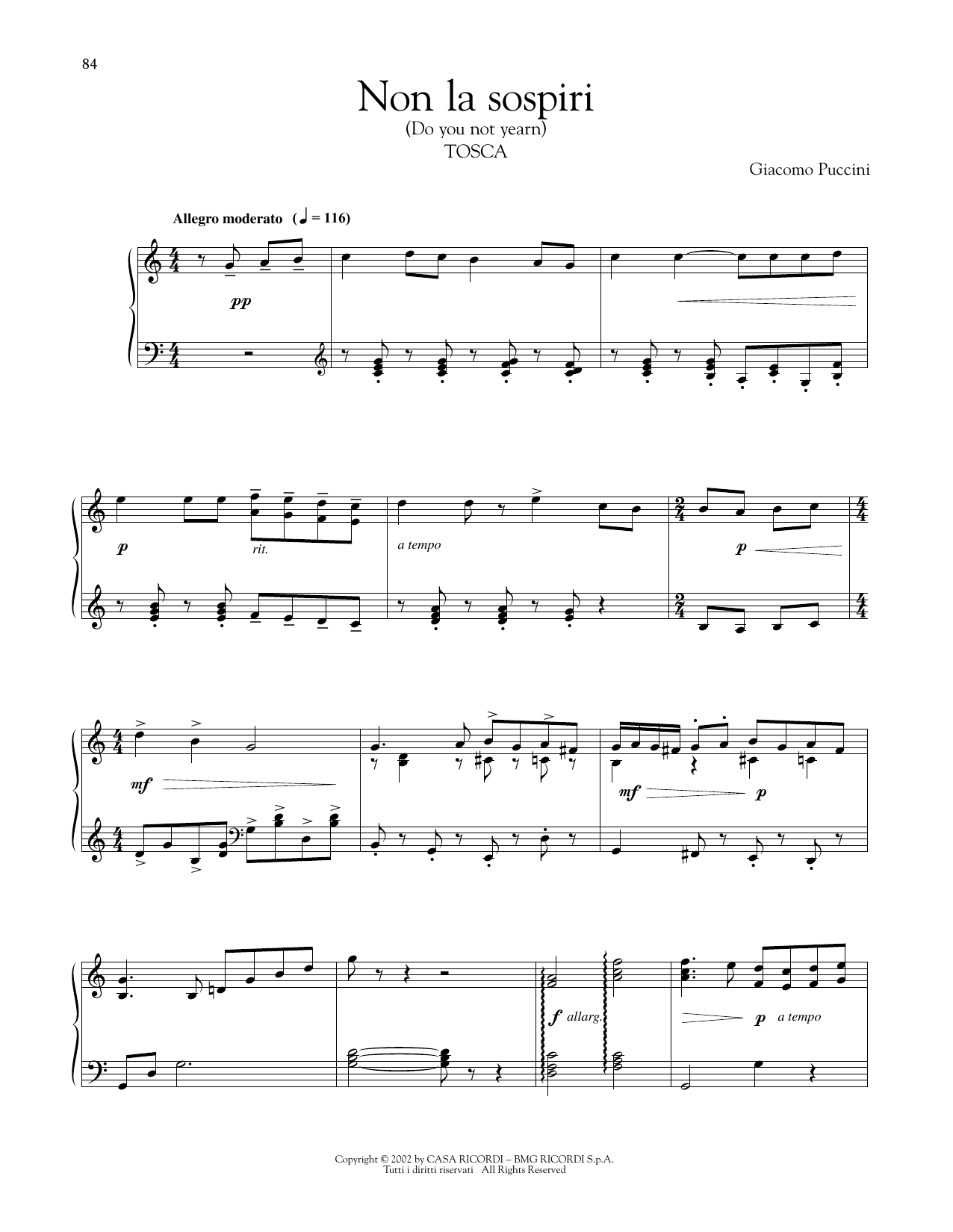 Giacomo Puccini Non La Sospiri La Nostra Casetta Sheet Music Notes & Chords for Piano Solo - Download or Print PDF