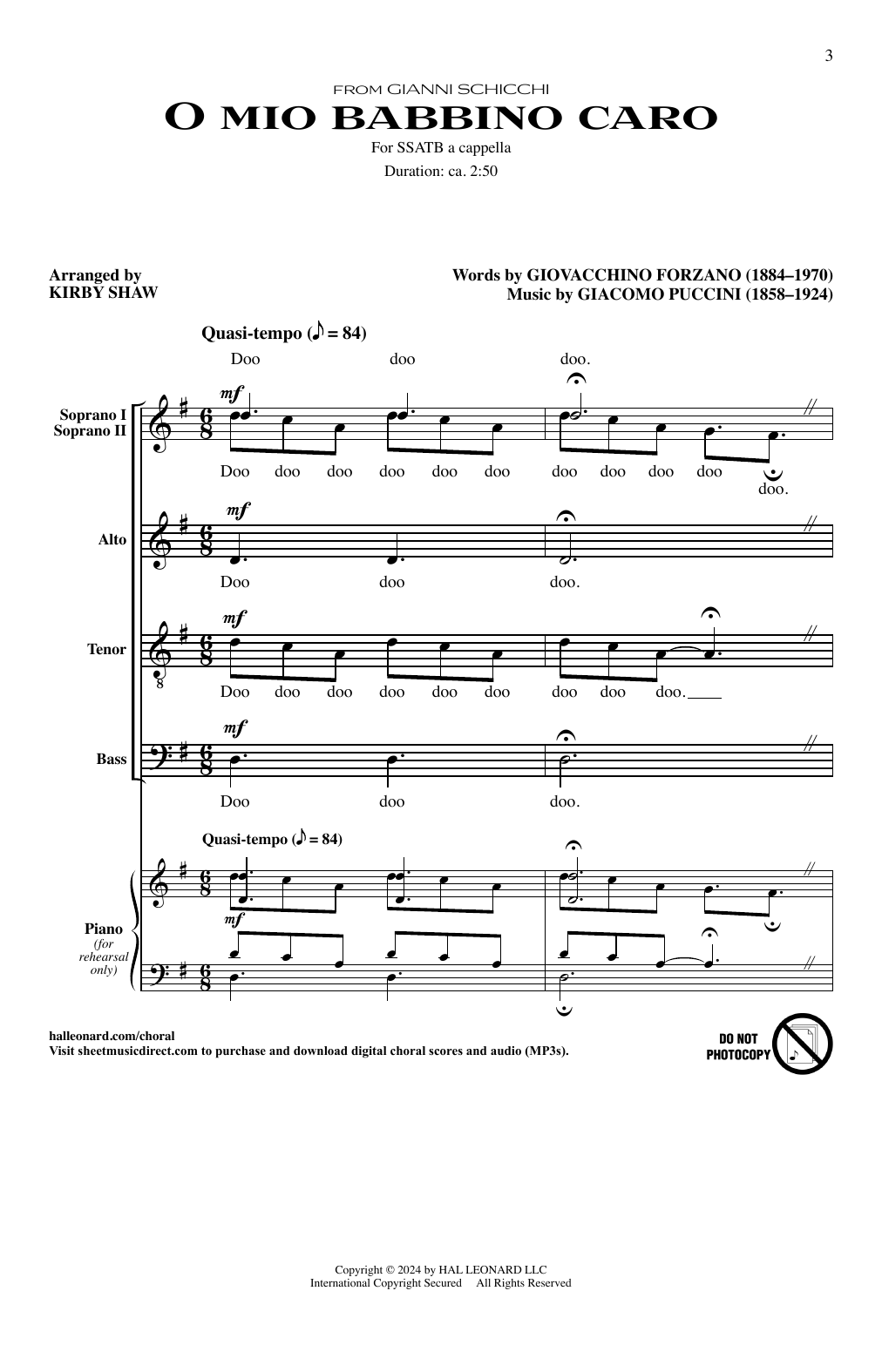 Giacomo Puccini O Mio Babbino Caro (arr. Kirby Shaw) Sheet Music Notes & Chords for SSATB Choir - Download or Print PDF
