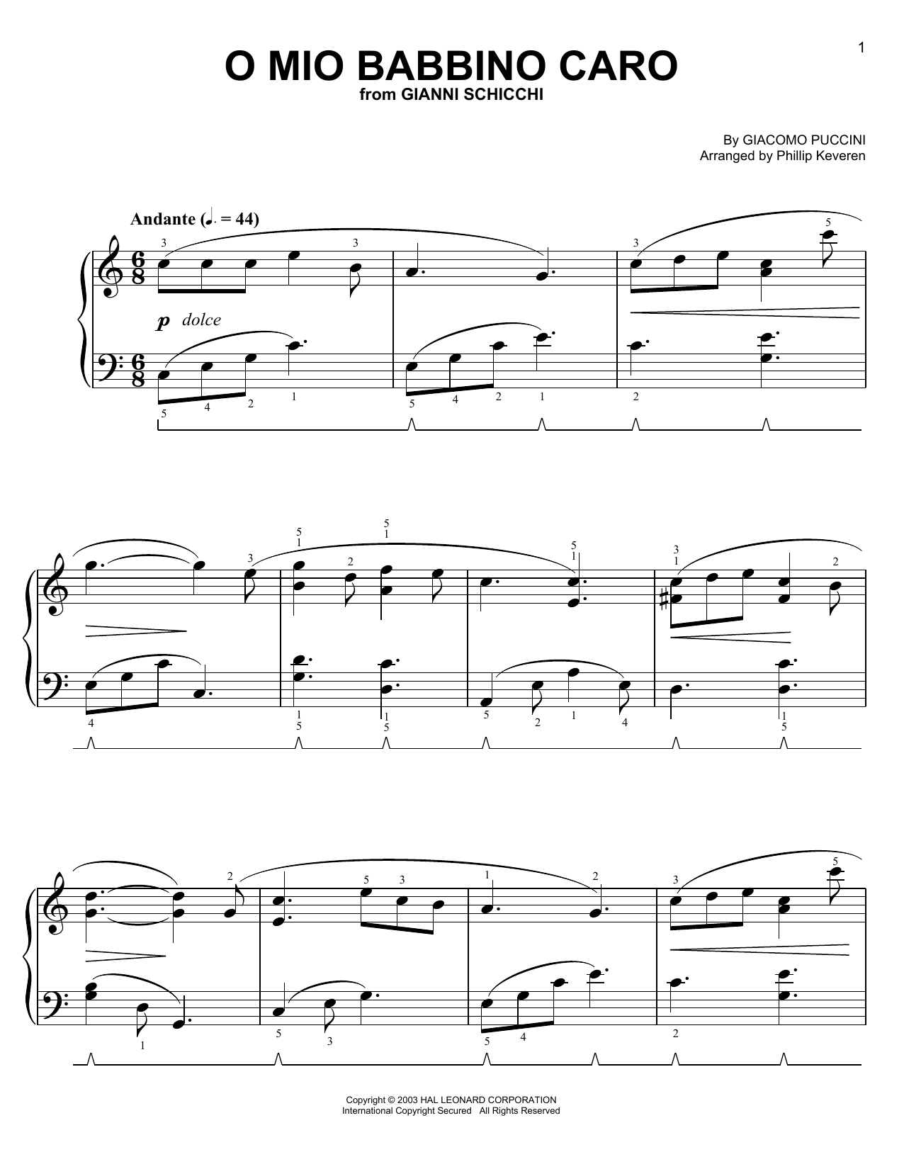 Giacomo Puccini O Mio Babbino Caro (from A Room with a View) (arr. Phillip Keveren) Sheet Music Notes & Chords for Easy Piano - Download or Print PDF