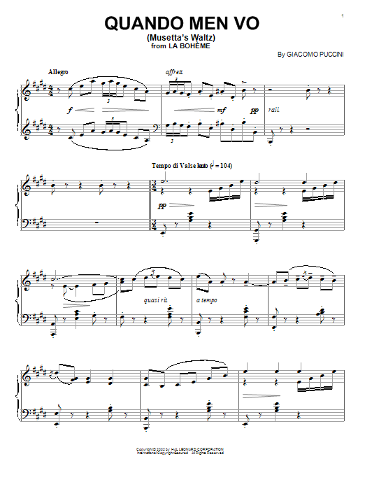 Giacomo Puccini Quando Men Vo (Musetta's Waltz) Sheet Music Notes & Chords for Piano - Download or Print PDF