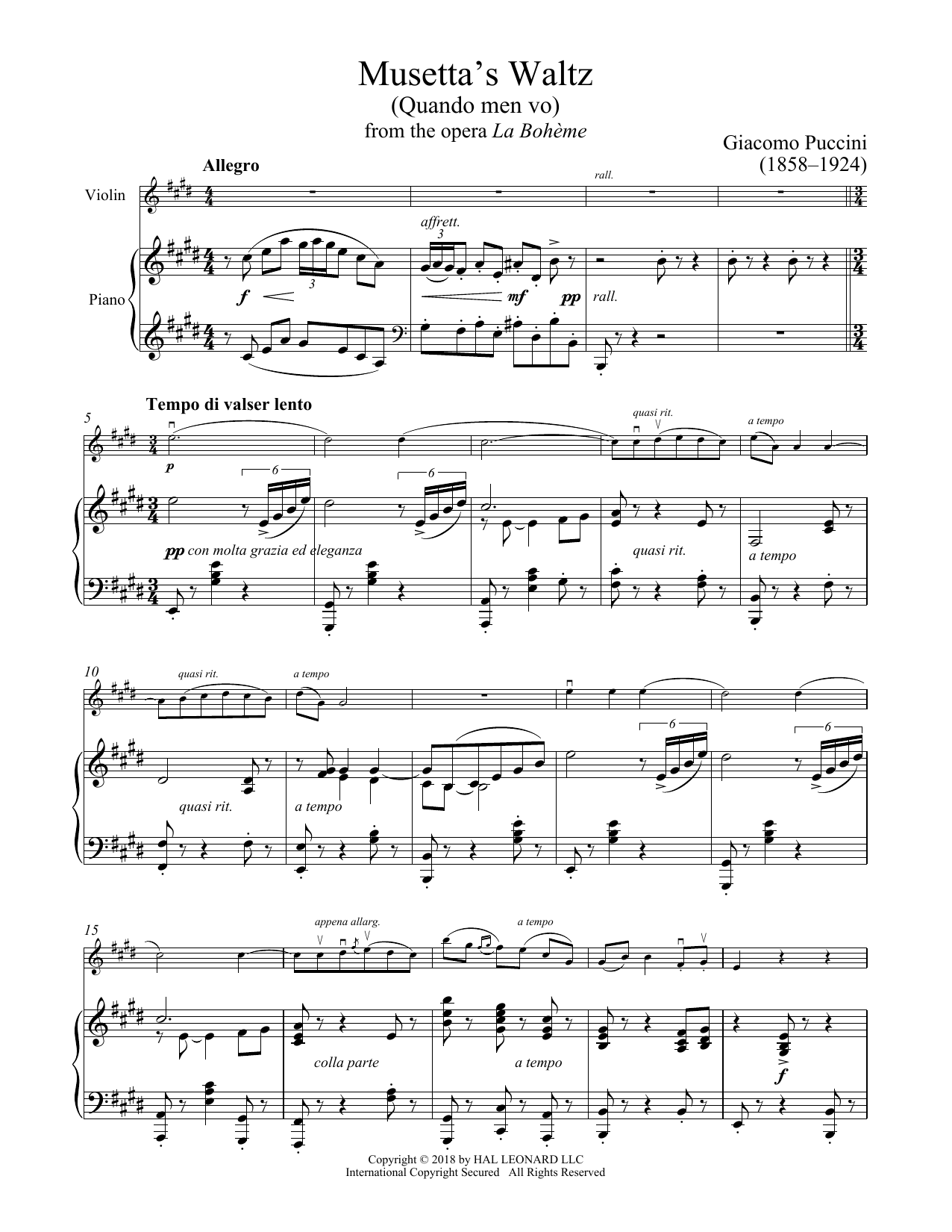 Giacomo Puccini Quando Men Vo Sheet Music Notes & Chords for Easy Piano Solo - Download or Print PDF