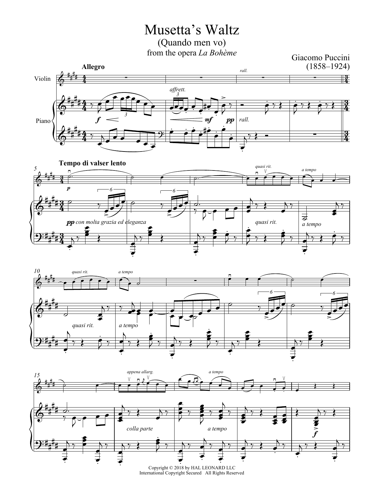 Giacomo Puccini Quando Men Vo Sheet Music Notes & Chords for Piano Solo - Download or Print PDF