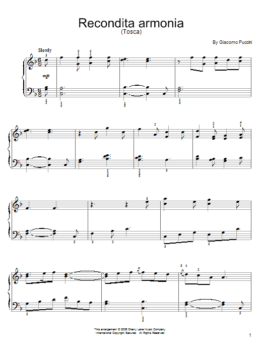 Giacomo Puccini Recondita Armonia Sheet Music Notes & Chords for Easy Piano Solo - Download or Print PDF