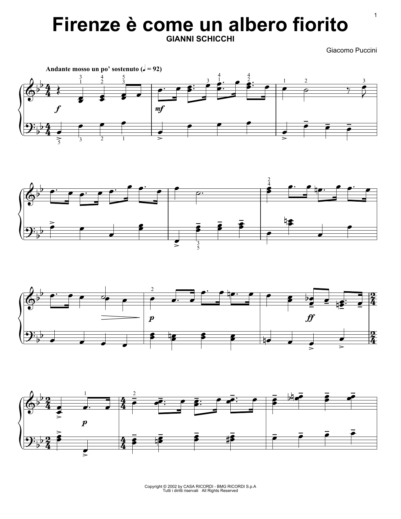 Giacomo Puccini Rinuccio's Aria (Firenze E Come Un Alberto Fiorito) Sheet Music Notes & Chords for Piano Solo - Download or Print PDF