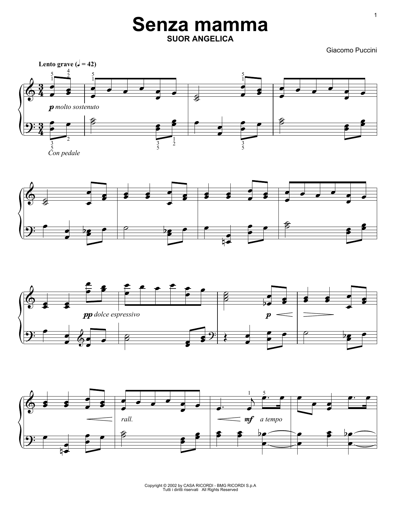 Giacomo Puccini Senza Mamma Sheet Music Notes & Chords for Easy Piano Solo - Download or Print PDF