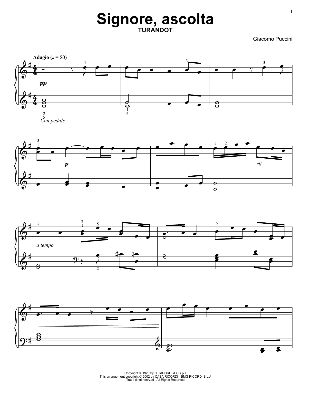 Giacomo Puccini Signore Ascolta (from Turandot) Sheet Music Notes & Chords for Easy Piano Solo - Download or Print PDF