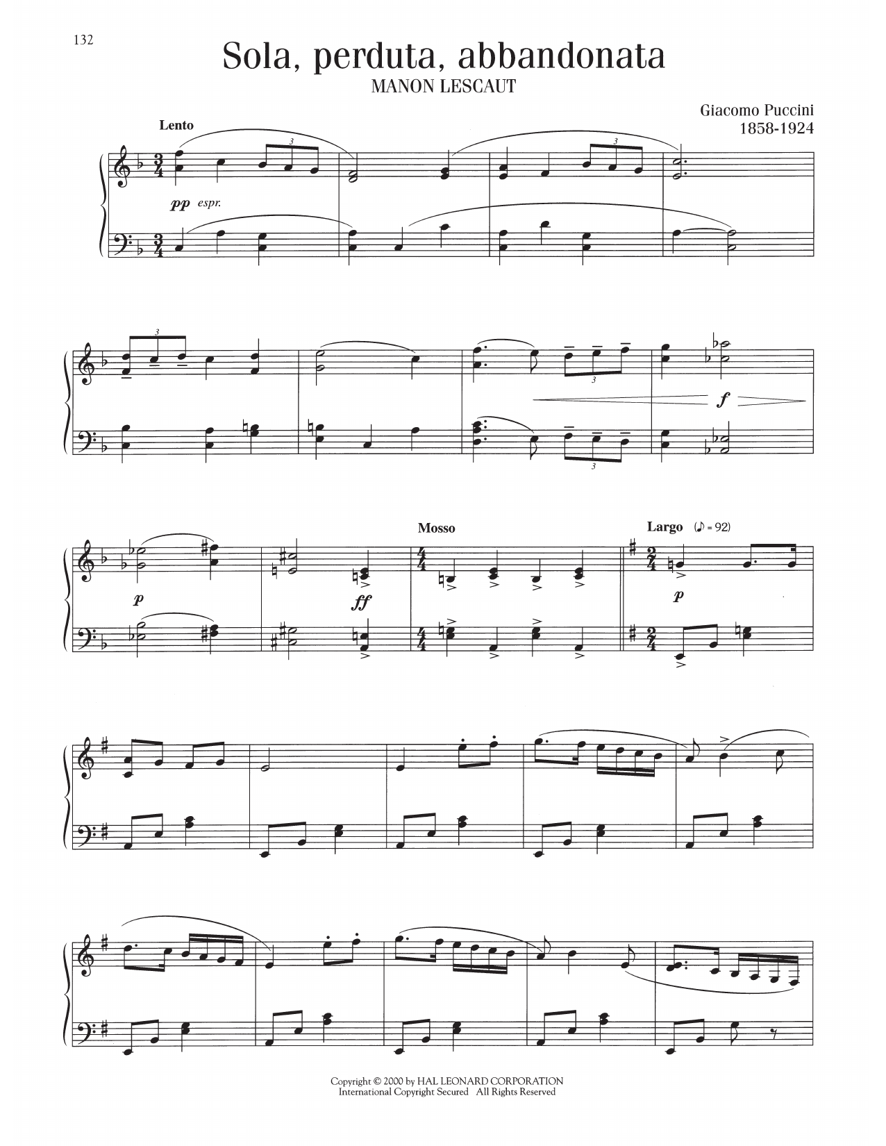 Giacomo Puccini Sola, Perduta, Abbandonata Sheet Music Notes & Chords for Piano Solo - Download or Print PDF