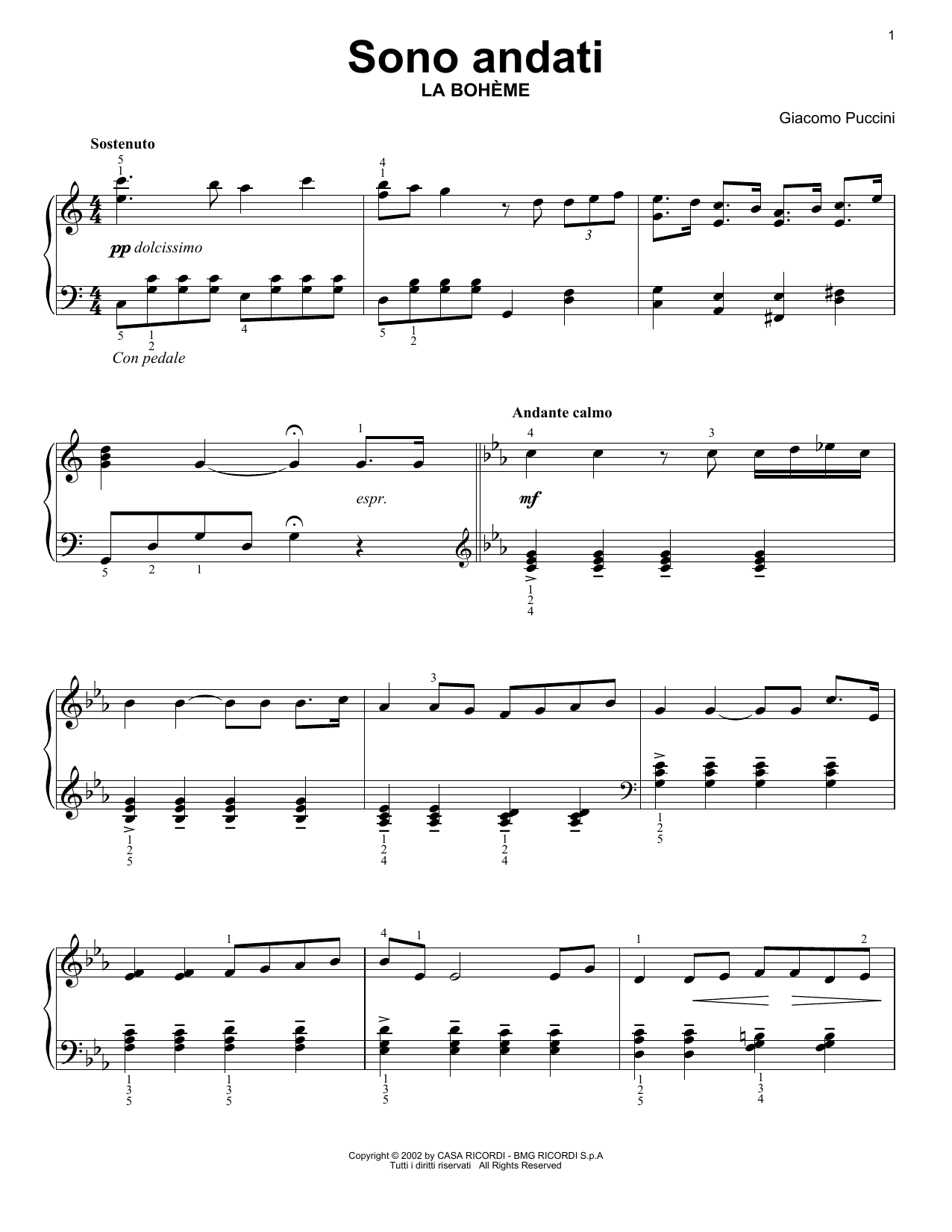 Giacomo Puccini Sono andati Sheet Music Notes & Chords for Easy Piano Solo - Download or Print PDF