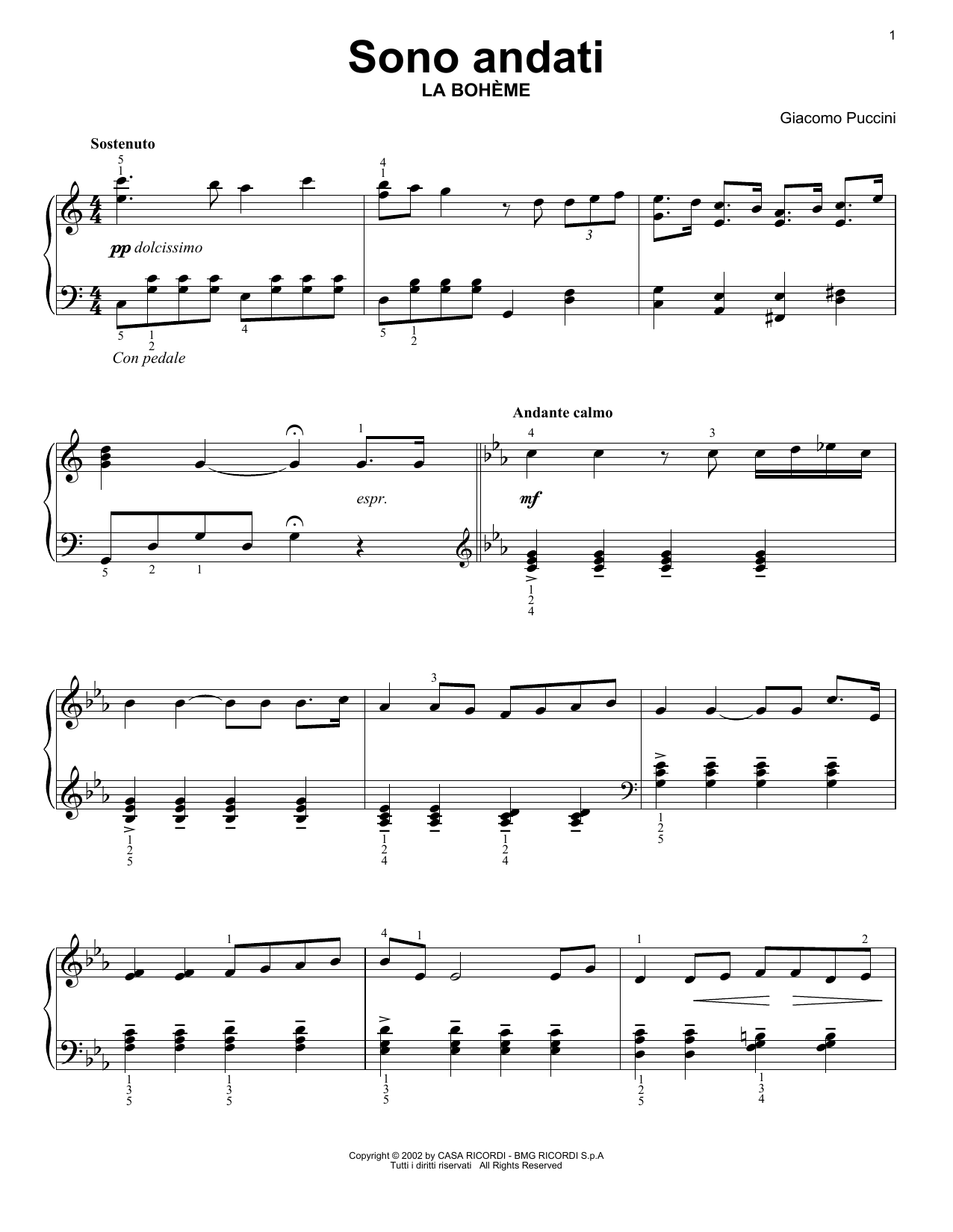 Giacomo Puccini Sono andati Sheet Music Notes & Chords for Piano Solo - Download or Print PDF