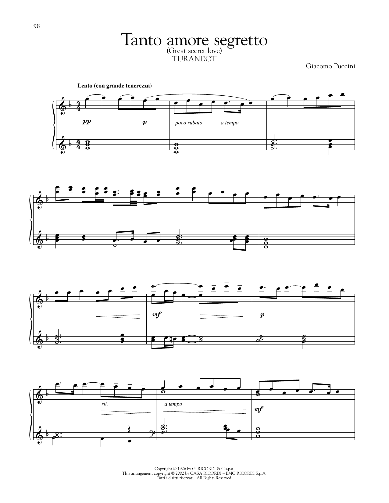 Giacomo Puccini Tanto Amore Segreto Sheet Music Notes & Chords for Piano Solo - Download or Print PDF