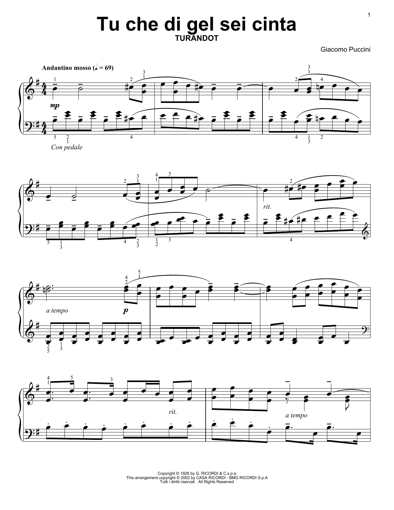 Giacomo Puccini Tu Che Di Gel Sei Cinta (from Turandot) Sheet Music Notes & Chords for Easy Piano Solo - Download or Print PDF