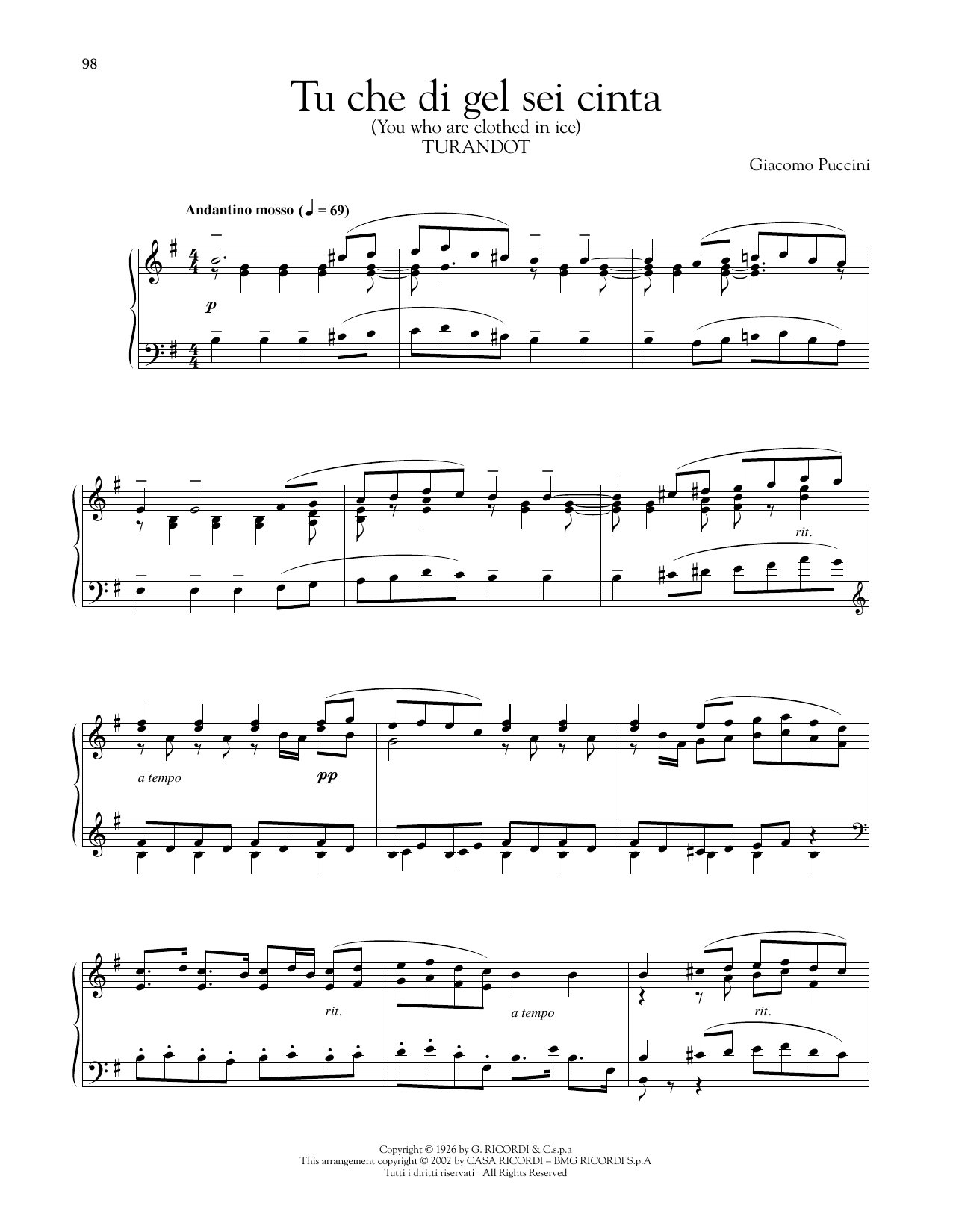 Giacomo Puccini Tu Che Di Gel Sei Cinta Sheet Music Notes & Chords for Piano Solo - Download or Print PDF