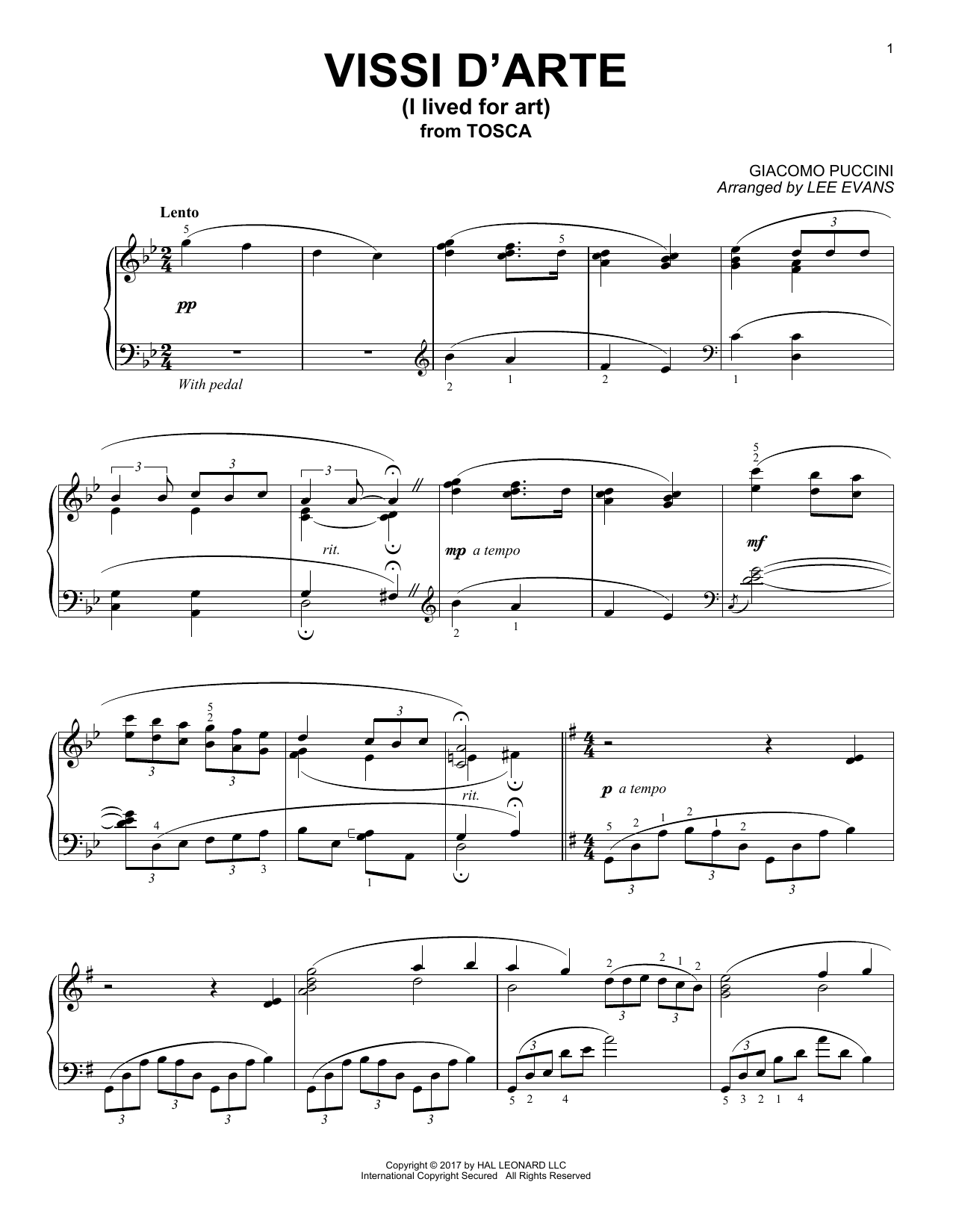 Lee Evans Vissi D'arte Sheet Music Notes & Chords for Piano - Download or Print PDF