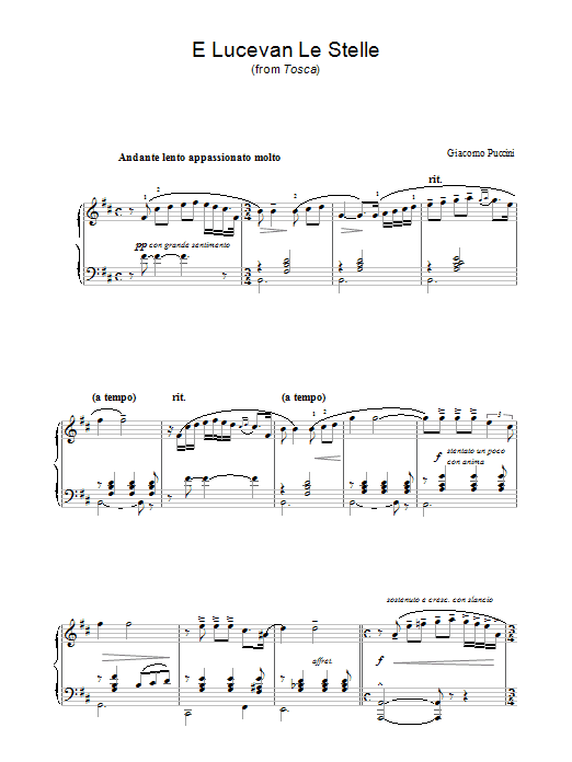 Preview Giacomo Puccini E Lucevan Le Stelle (from Tosca) Classical sheet music, notes and chords for Piano, SKU: 33690 E Lucevan Le Stelle (from Tosca) sheet music