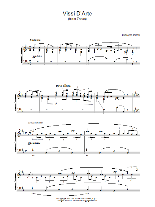 Preview Giacomo Puccini Vissi D'Arte (from Tosca) Classical sheet music, notes and chords for Piano, SKU: 33664 Vissi D'Arte (from Tosca) sheet music