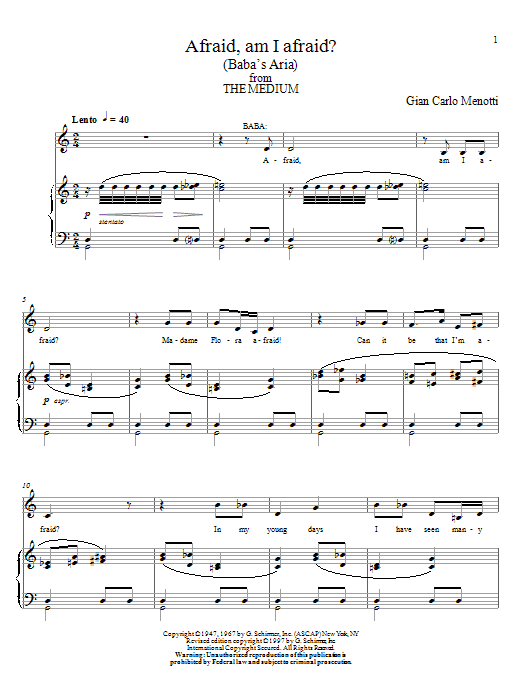 Gian Carlo Menotti Afraid, Am I Afraid? (Baba's Aria) Sheet Music Notes & Chords for Piano, Vocal & Guitar (Right-Hand Melody) - Download or Print PDF
