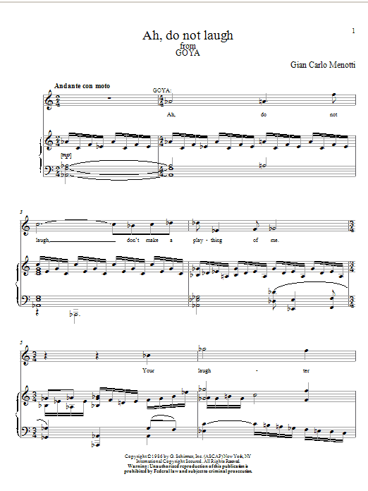 Gian Carlo Menotti Ah, Do Not Laugh Sheet Music Notes & Chords for Piano, Vocal & Guitar (Right-Hand Melody) - Download or Print PDF