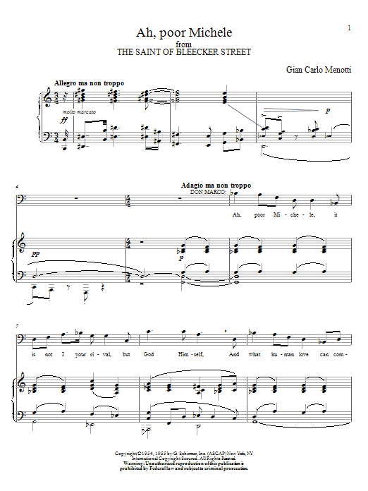 Gian Carlo Menotti Ah, Poor Michele Sheet Music Notes & Chords for Piano, Vocal & Guitar (Right-Hand Melody) - Download or Print PDF