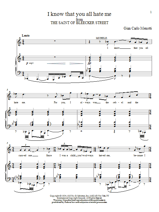 Gian Carlo Menotti I Know That You All Hate Me Sheet Music Notes & Chords for Piano, Vocal & Guitar (Right-Hand Melody) - Download or Print PDF