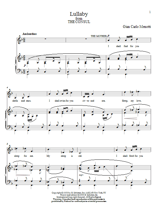 Gian Carlo Menotti Lullaby Sheet Music Notes & Chords for Piano, Vocal & Guitar (Right-Hand Melody) - Download or Print PDF