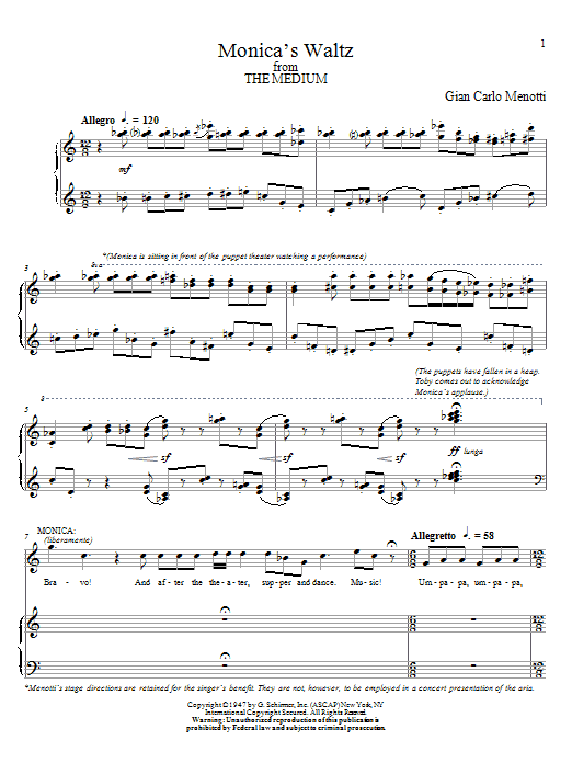 Gian Carlo Menotti Monica's Waltz Sheet Music Notes & Chords for Piano, Vocal & Guitar (Right-Hand Melody) - Download or Print PDF