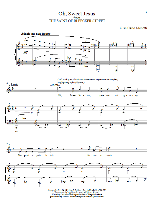 Gian Carlo Menotti Oh, Sweet Jesus Sheet Music Notes & Chords for Piano, Vocal & Guitar (Right-Hand Melody) - Download or Print PDF