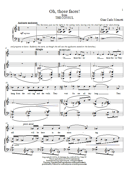 Gian Carlo Menotti Oh, Thoses Faces! Sheet Music Notes & Chords for Piano, Vocal & Guitar (Right-Hand Melody) - Download or Print PDF