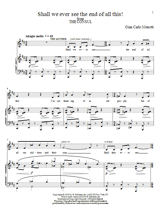 Gian Carlo Menotti Shall We Ever See The End Of All This! Sheet Music Notes & Chords for Piano, Vocal & Guitar (Right-Hand Melody) - Download or Print PDF