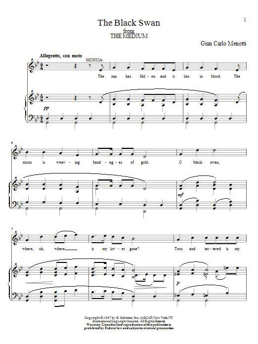 Gian Carlo Menotti The Black Swan Sheet Music Notes & Chords for Piano, Vocal & Guitar (Right-Hand Melody) - Download or Print PDF